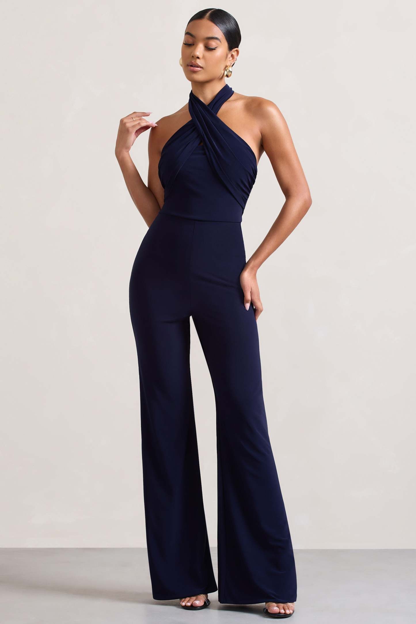 Goddess Navy Halter Neck Flare Jumpsuit-Fashionmomo.All Rights Reserved