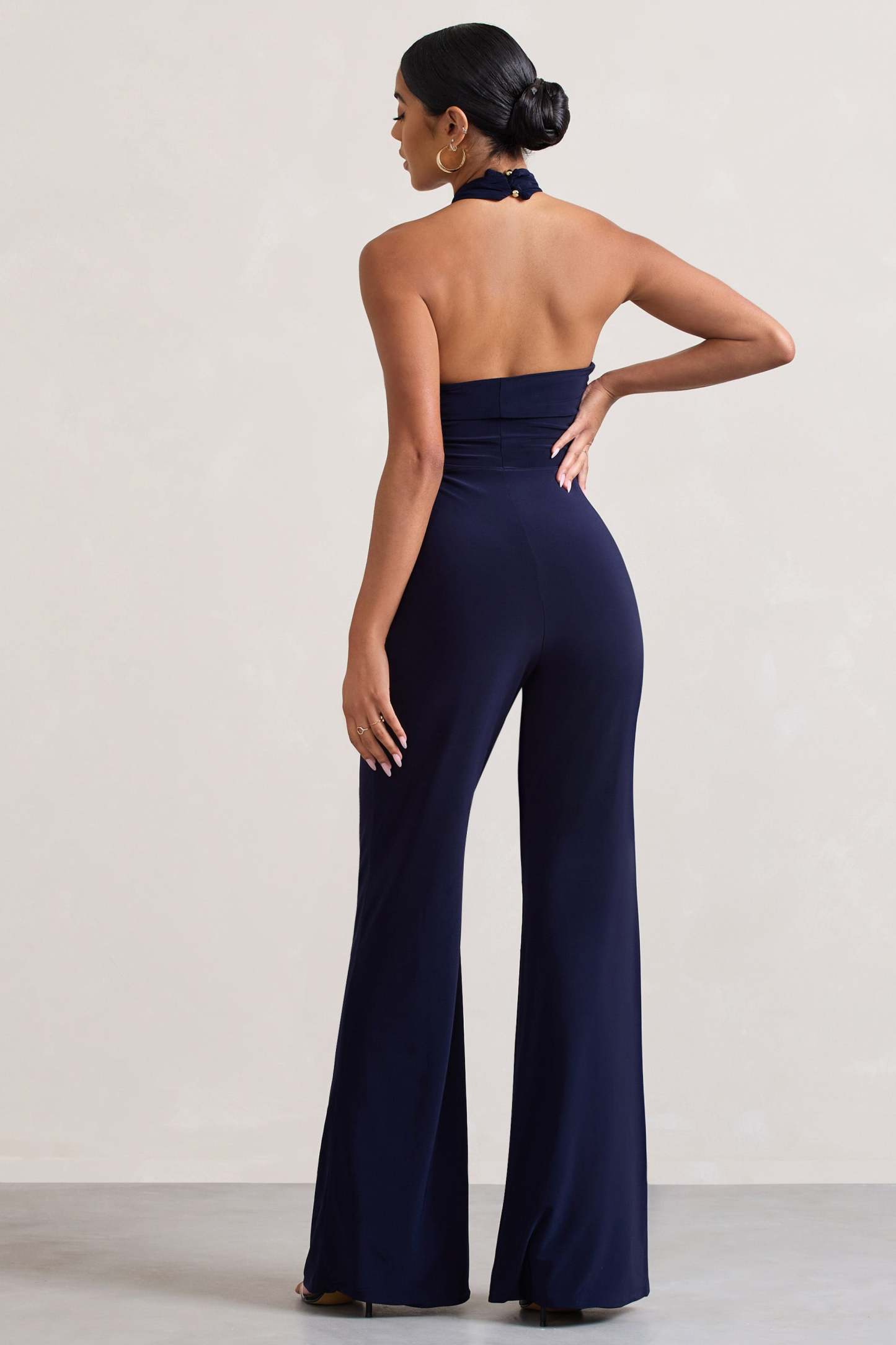 Goddess Navy Halter Neck Flare Jumpsuit-Fashionmomo.All Rights Reserved