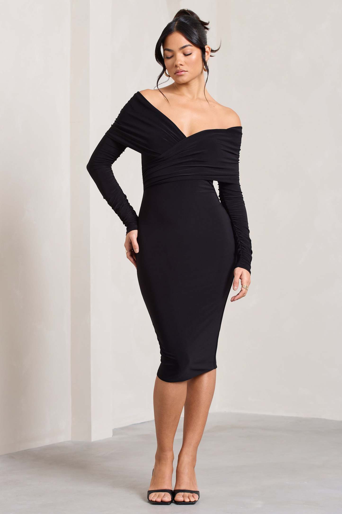 Flatter Me Black Twist Front Bardot Midi Dress-Fashionmomo.All Rights Reserved