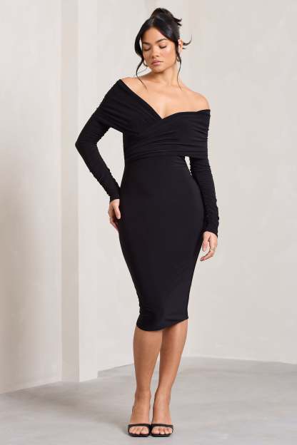 Flatter Me Black Twist Front Bardot Midi Dress-Fashionmomo.All Rights Reserved