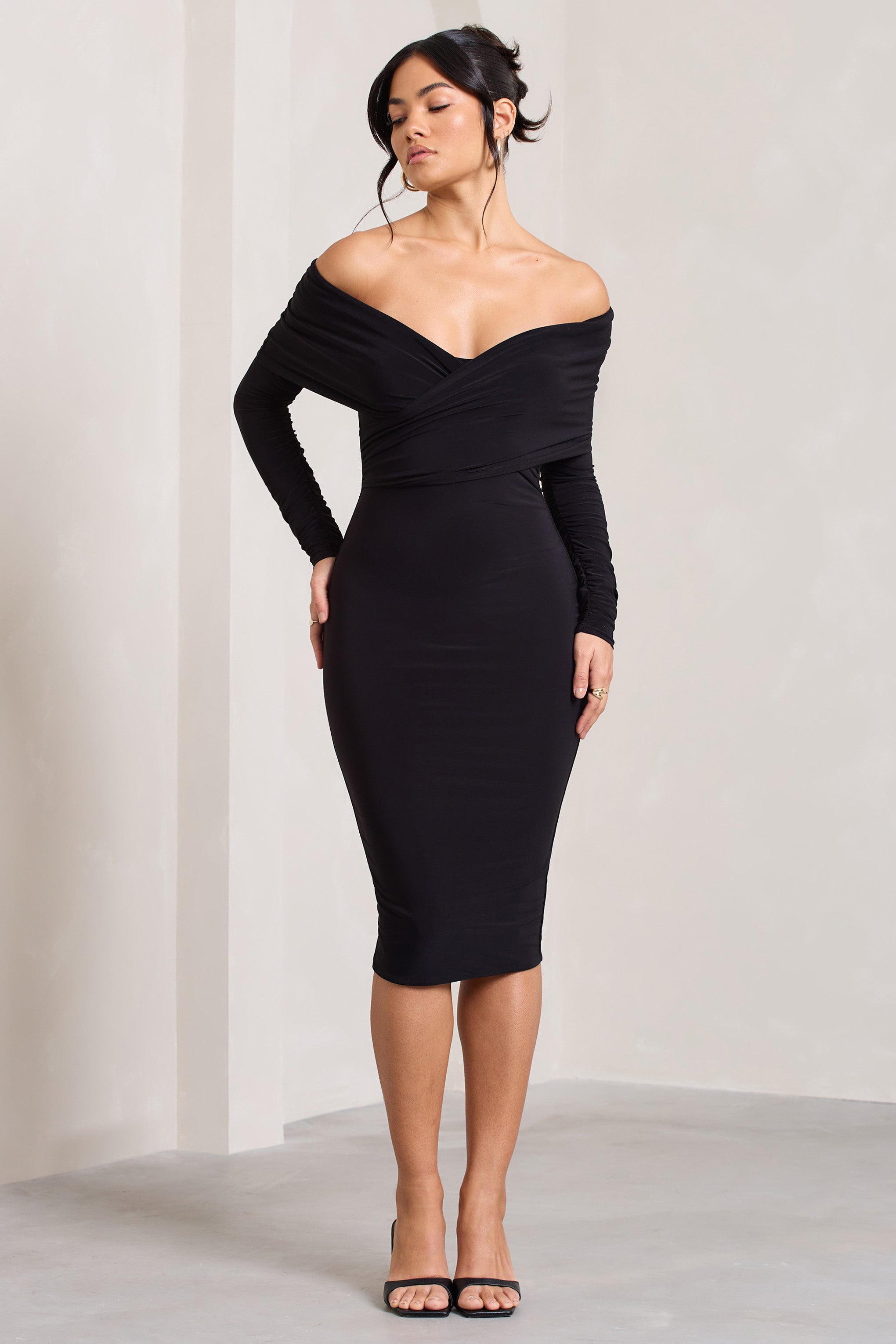 Flatter Me Black Twist Front Bardot Midi Dress-Fashionmomo.All Rights Reserved