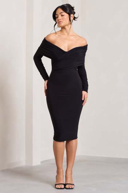 Flatter Me Black Twist Front Bardot Midi Dress-Fashionmomo.All Rights Reserved
