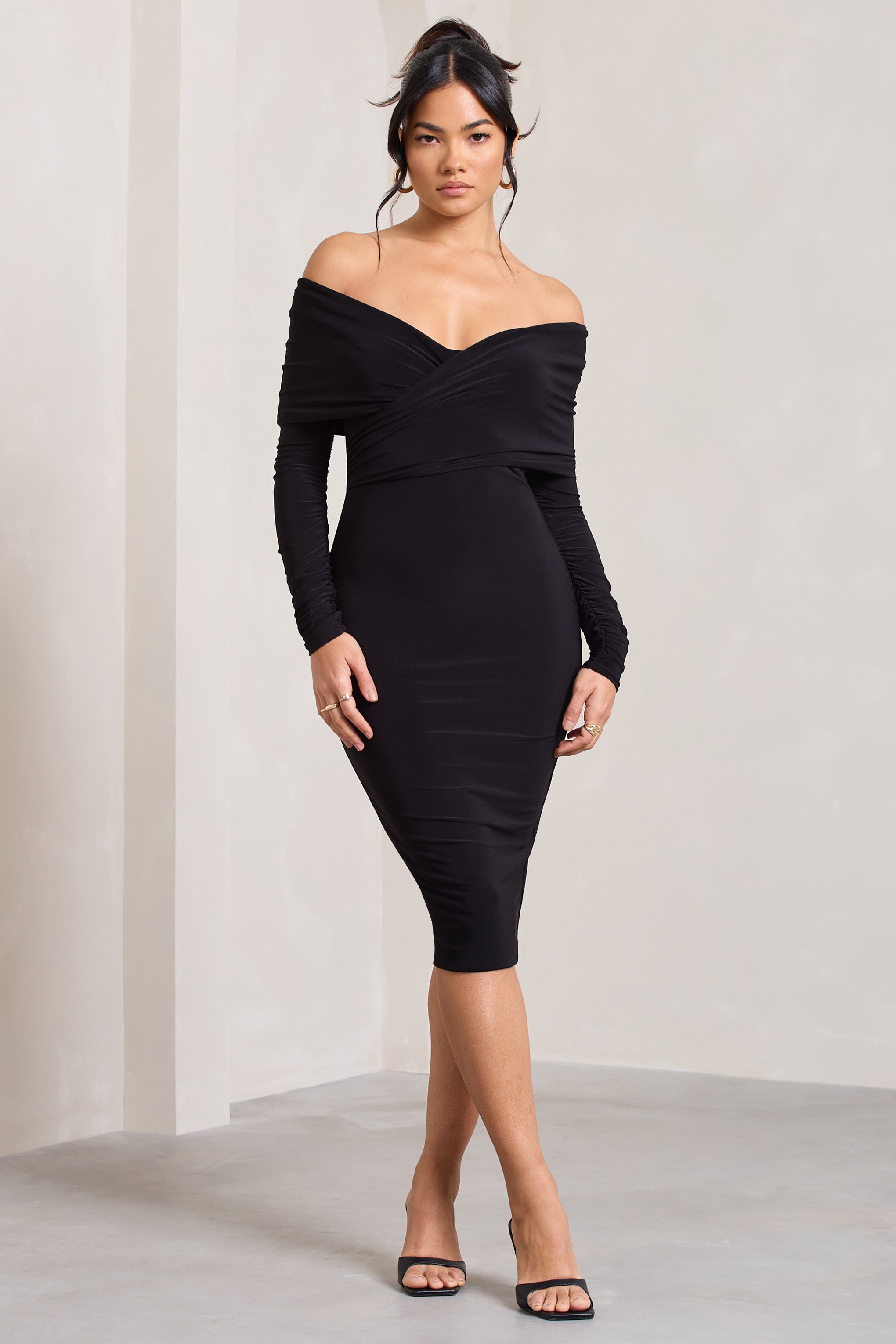 Flatter Me Black Twist Front Bardot Midi Dress-Fashionmomo.All Rights Reserved