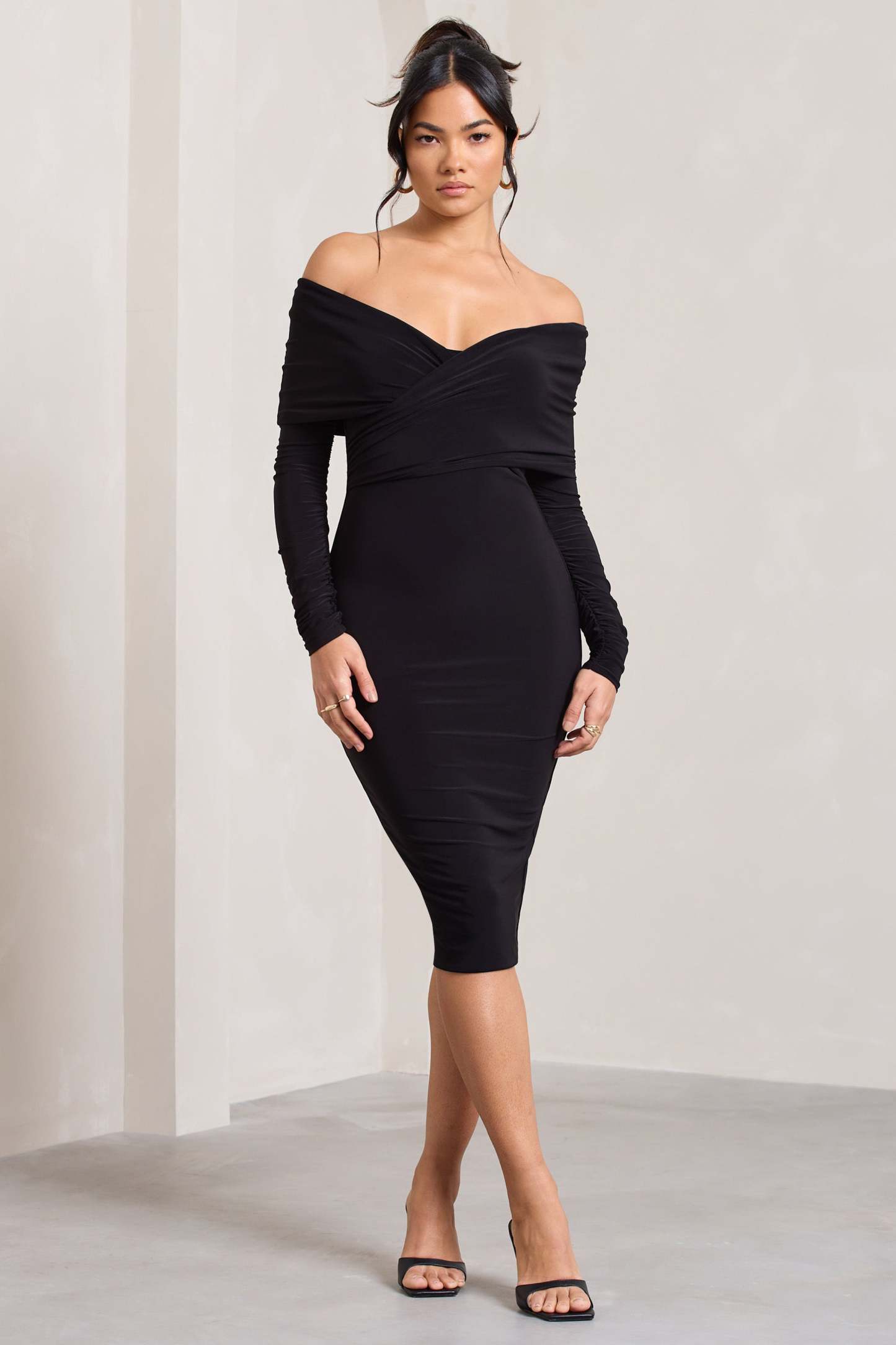 Flatter Me Black Twist Front Bardot Midi Dress-Fashionmomo.All Rights Reserved