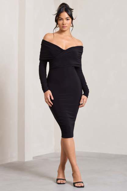 Flatter Me Black Twist Front Bardot Midi Dress-Fashionmomo.All Rights Reserved