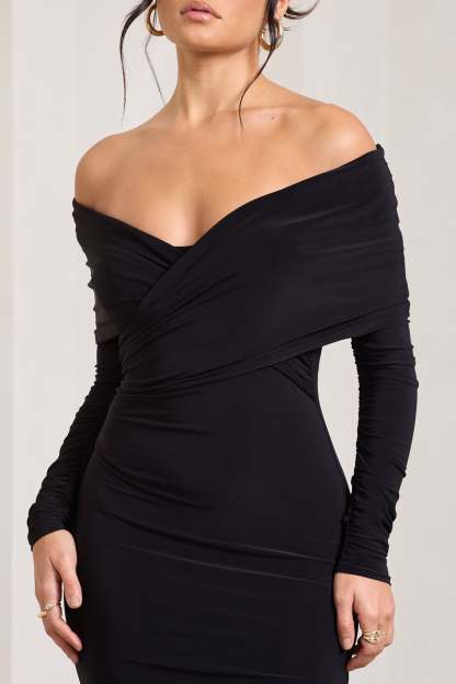 Flatter Me Black Twist Front Bardot Midi Dress-Fashionmomo.All Rights Reserved