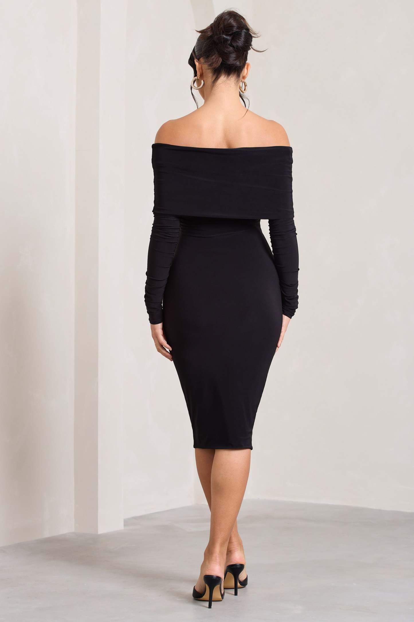 Flatter Me Black Twist Front Bardot Midi Dress-Fashionmomo.All Rights Reserved