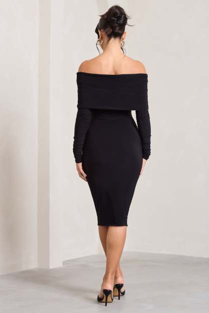 Flatter Me Black Twist Front Bardot Midi Dress-Fashionmomo.All Rights Reserved