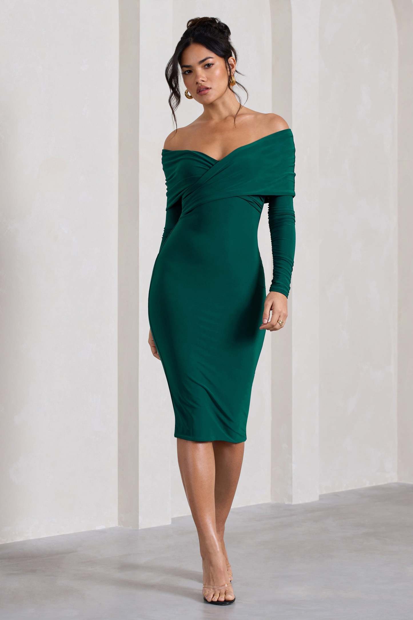 Flatter Me Bottle Green Twist Front Bardot Midi Dress-Fashionmomo.All Rights Reserved