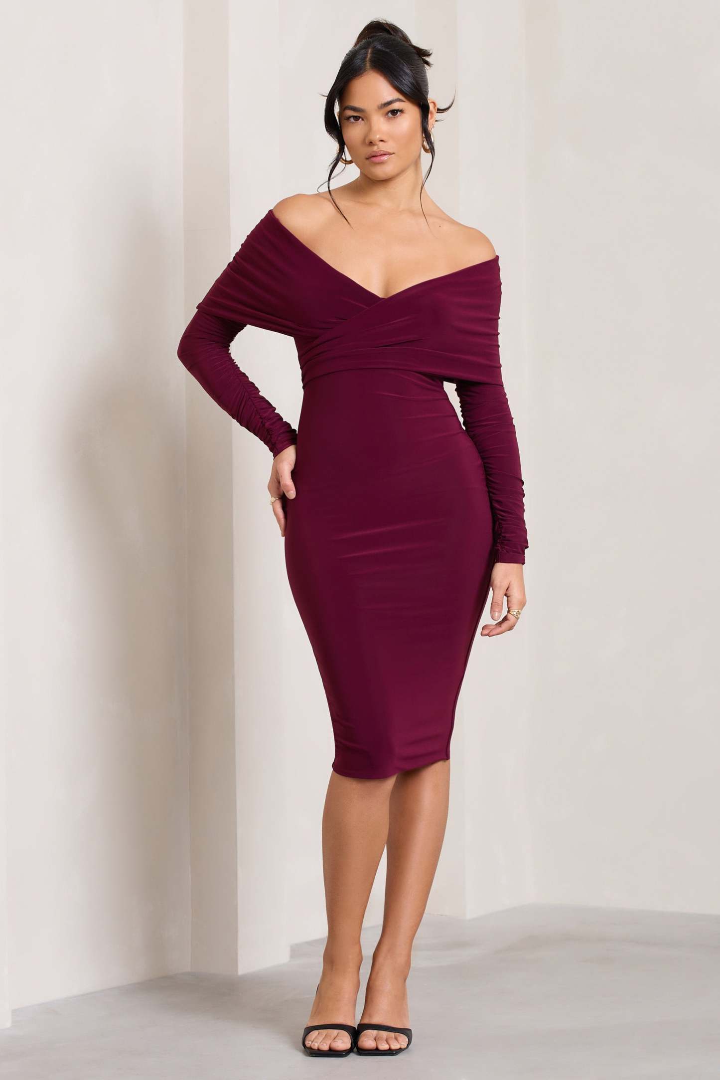 Flatter Me Burgundy Twist Front Bardot Midi Dress-Fashionmomo.All Rights Reserved