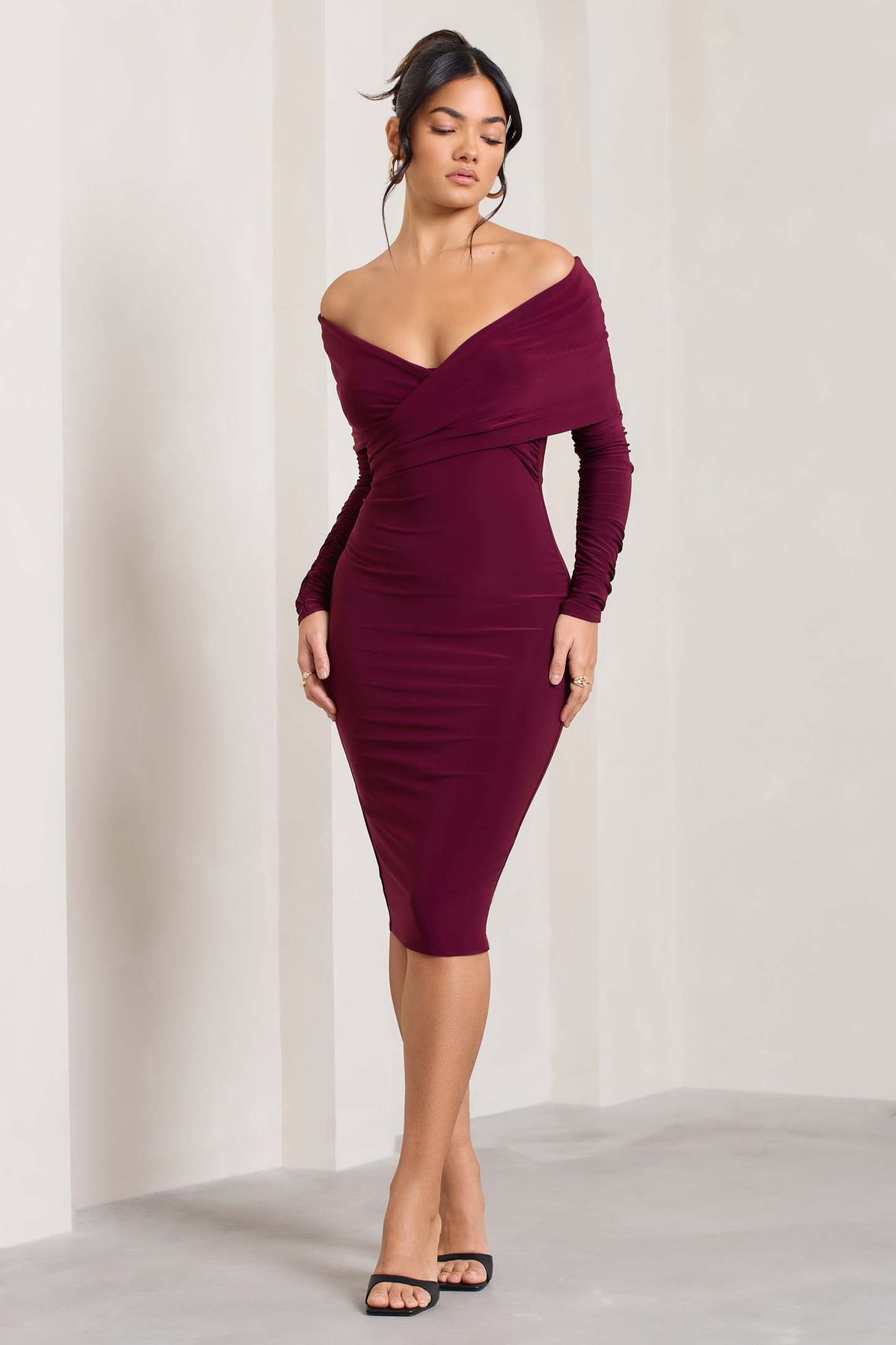 Flatter Me Burgundy Twist Front Bardot Midi Dress-Fashionmomo.All Rights Reserved