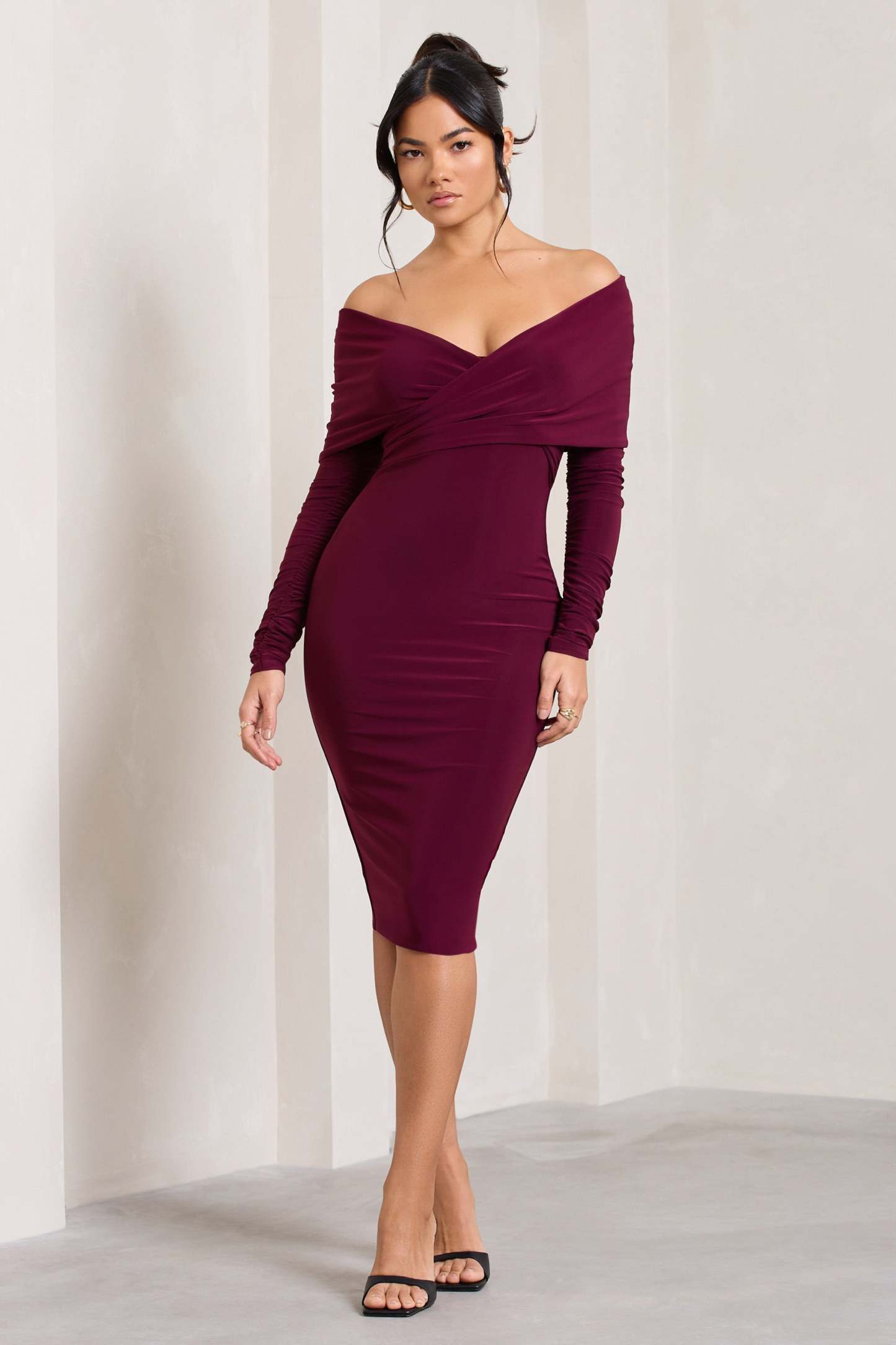 Flatter Me Burgundy Twist Front Bardot Midi Dress-Fashionmomo.All Rights Reserved