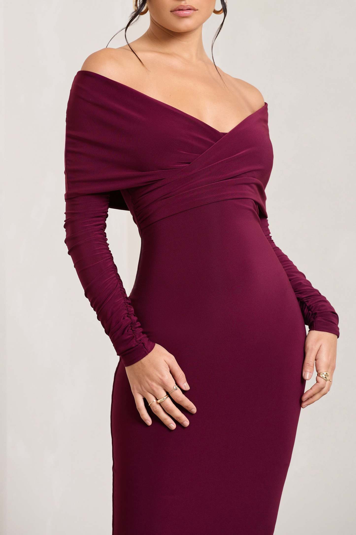 Flatter Me Burgundy Twist Front Bardot Midi Dress-Fashionmomo.All Rights Reserved