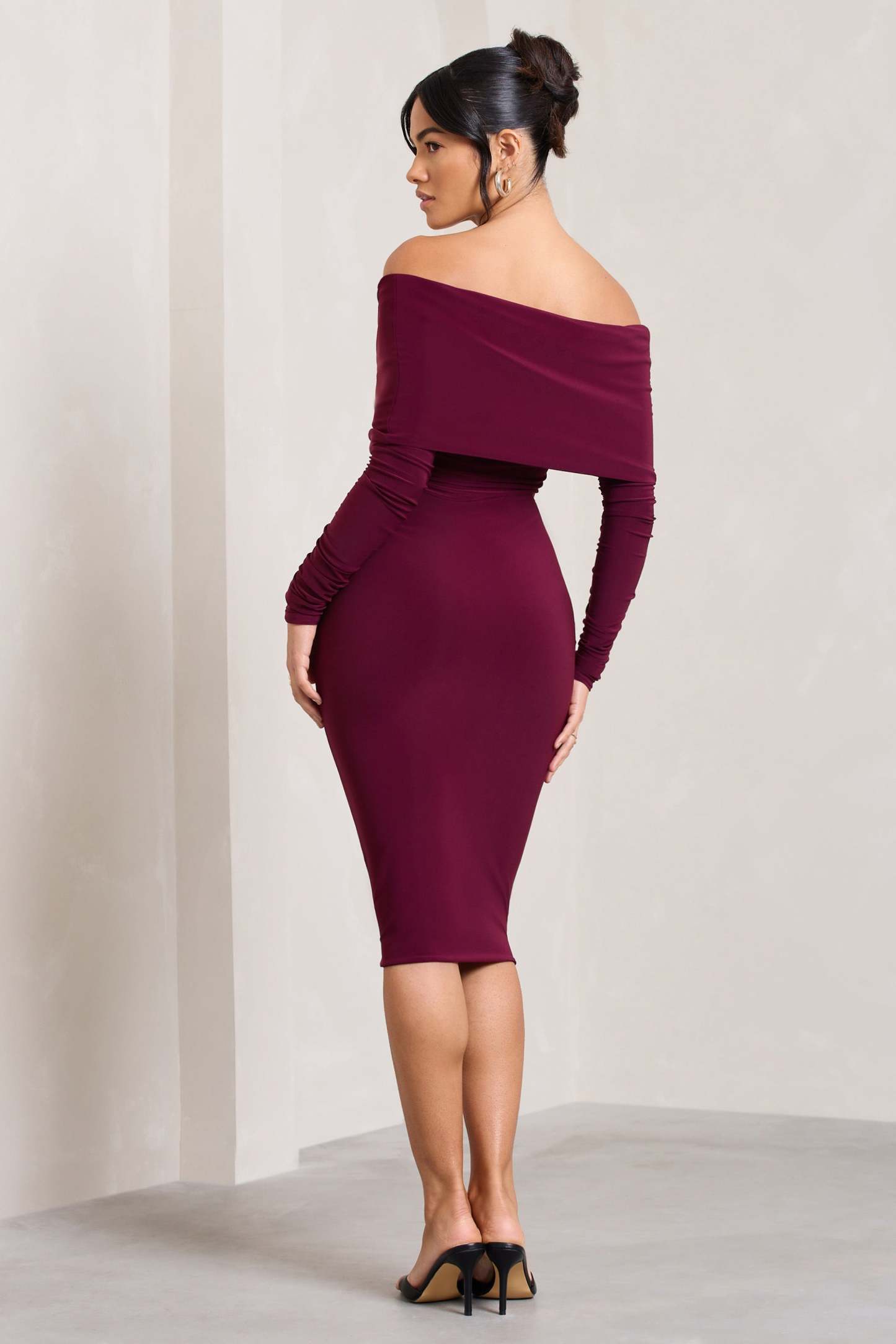 Flatter Me Burgundy Twist Front Bardot Midi Dress-Fashionmomo.All Rights Reserved