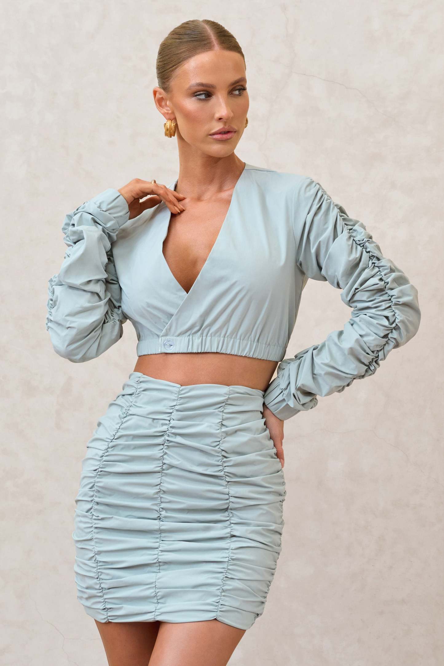 Break Of Day Sage Ruched Mini Skirt-Fashionmomo.All Rights Reserved