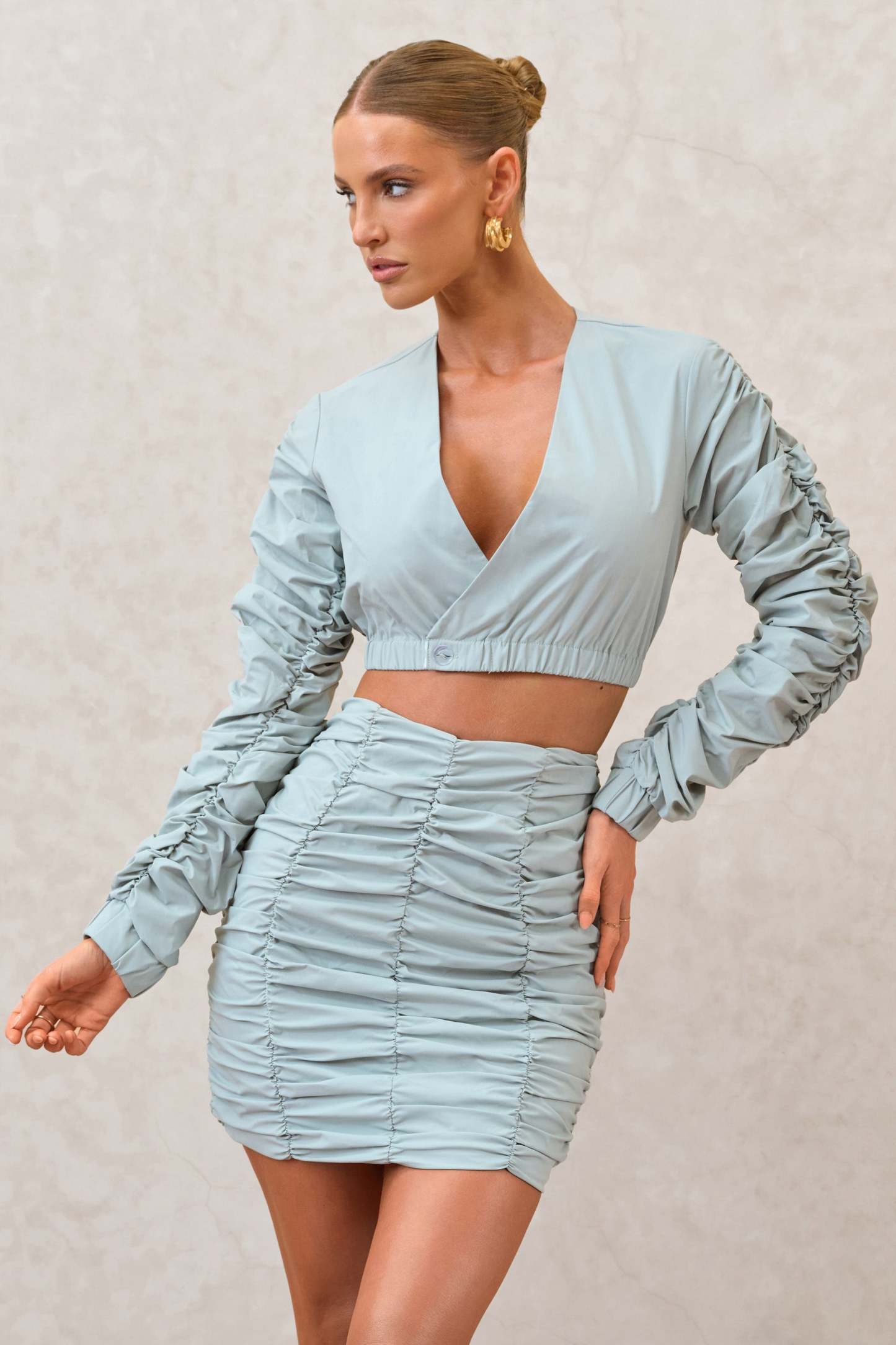 Break Of Day Sage Ruched Mini Skirt-Fashionmomo.All Rights Reserved