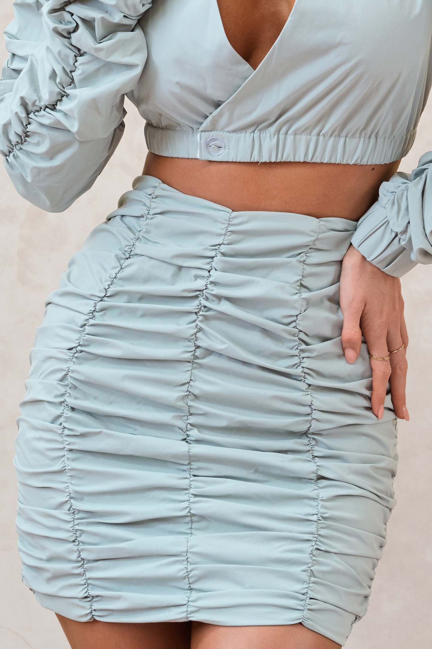 Break Of Day Sage Ruched Mini Skirt-Fashionmomo.All Rights Reserved