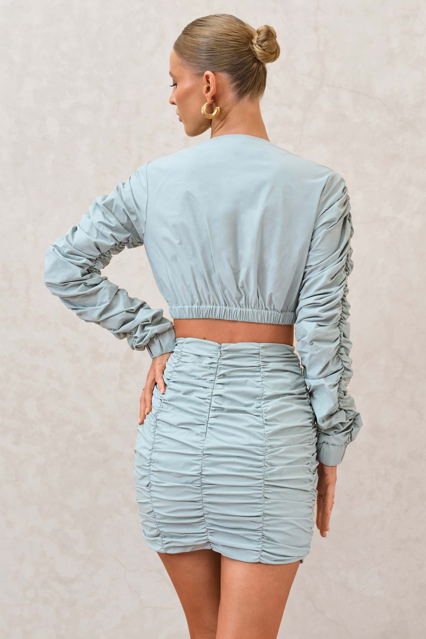 Break Of Day Sage Ruched Mini Skirt-Fashionmomo.All Rights Reserved