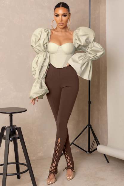 Accomplish Brown Lace Up Detail Legging With Split Hem-Fashionmomo.All Rights Reserved