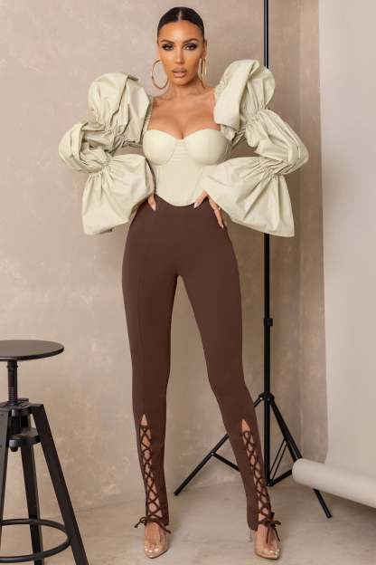 Accomplish Brown Lace Up Detail Legging With Split Hem-Fashionmomo.All Rights Reserved