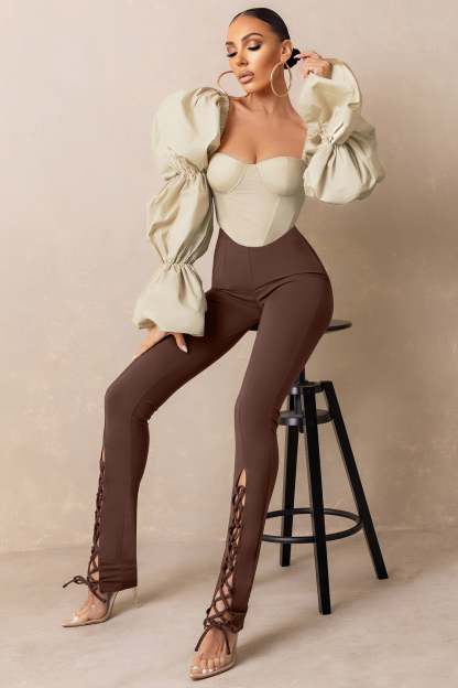 Accomplish Brown Lace Up Detail Legging With Split Hem-Fashionmomo.All Rights Reserved