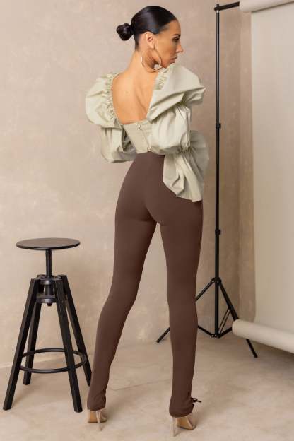 Accomplish Brown Lace Up Detail Legging With Split Hem-Fashionmomo.All Rights Reserved