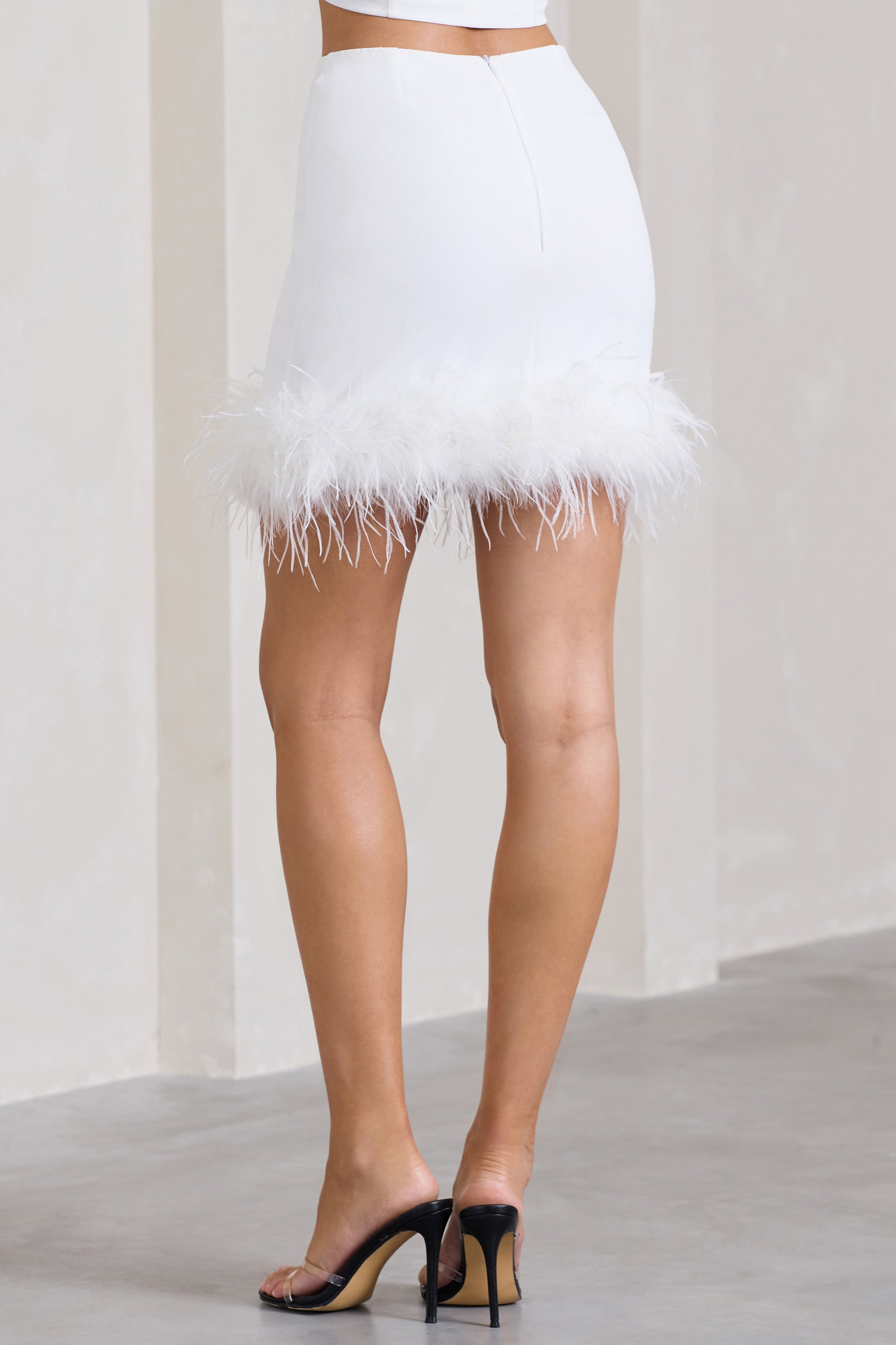 Entice White Feather Trim Mini Skirt-Fashionmomo.All Rights Reserved