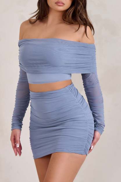 Ground Rules Cornflower Blue Ruched Mesh Bardot Mini Skirt-Fashionmomo.All Rights Reserved