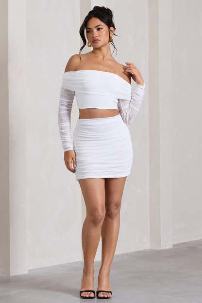 Ground Rules White Ruched Mesh Mini Skirt-Fashionmomo.All Rights Reserved