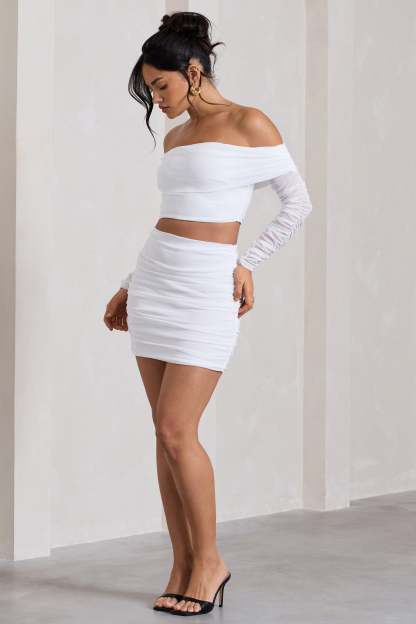 Ground Rules White Ruched Mesh Mini Skirt-Fashionmomo.All Rights Reserved
