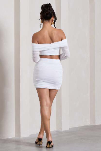 Ground Rules White Ruched Mesh Mini Skirt-Fashionmomo.All Rights Reserved