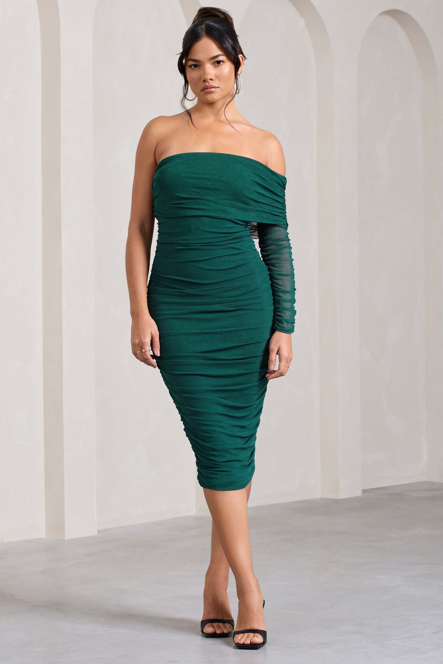 Bijou Bottle Green Asymmetric Bardot Mesh Ruched Midi Dress-Fashionmomo.All Rights Reserved