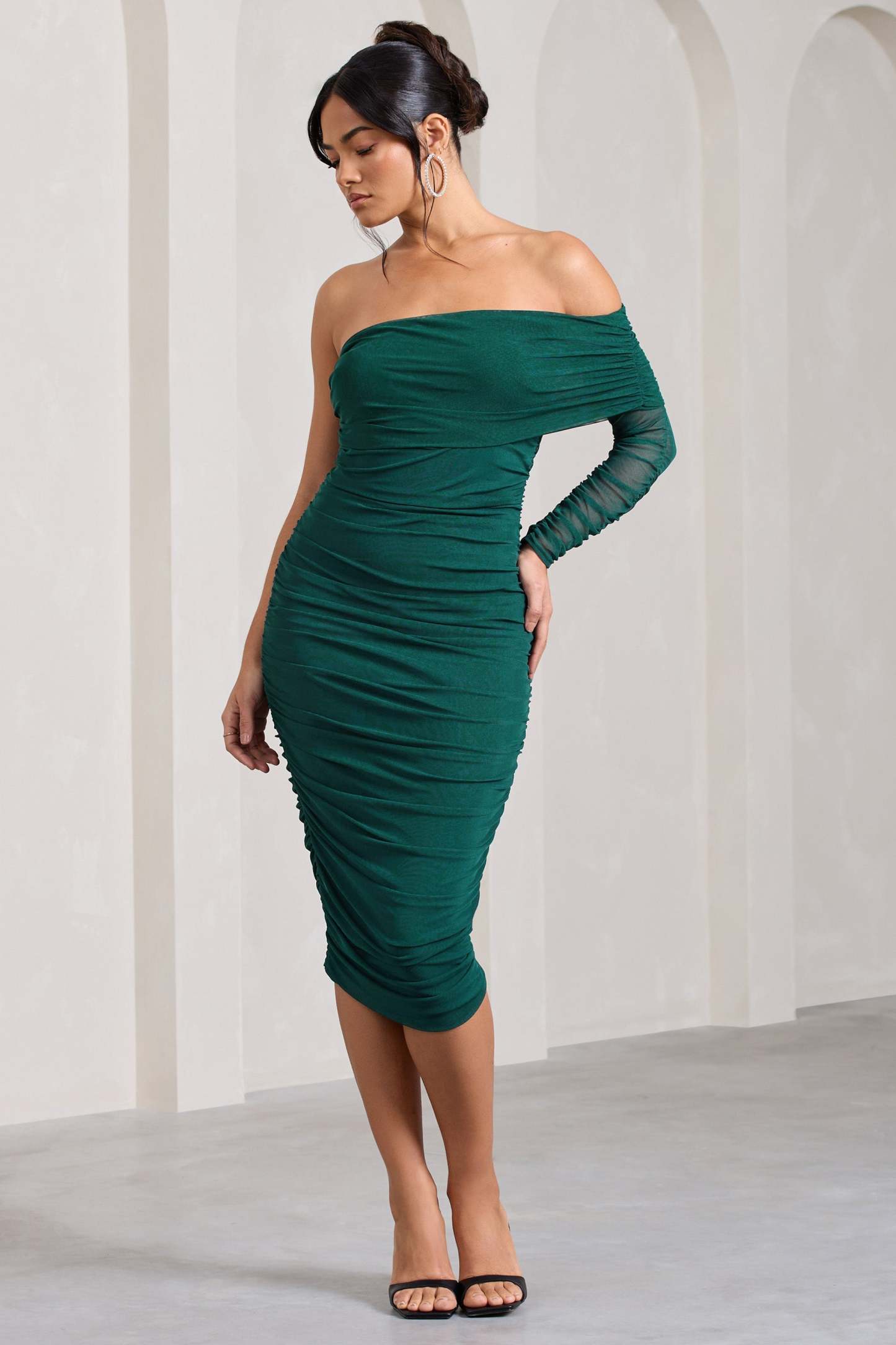 Bijou Bottle Green Asymmetric Bardot Mesh Ruched Midi Dress-Fashionmomo.All Rights Reserved