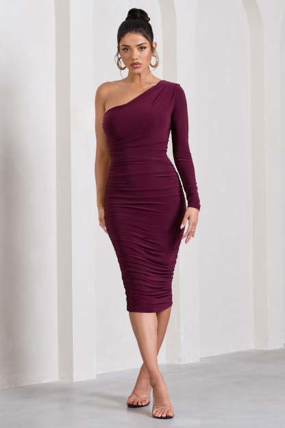 In The Shadows Burgundy One Sleeve Midi Dress With Ruching-Fashionmomo.All Rights Reserved