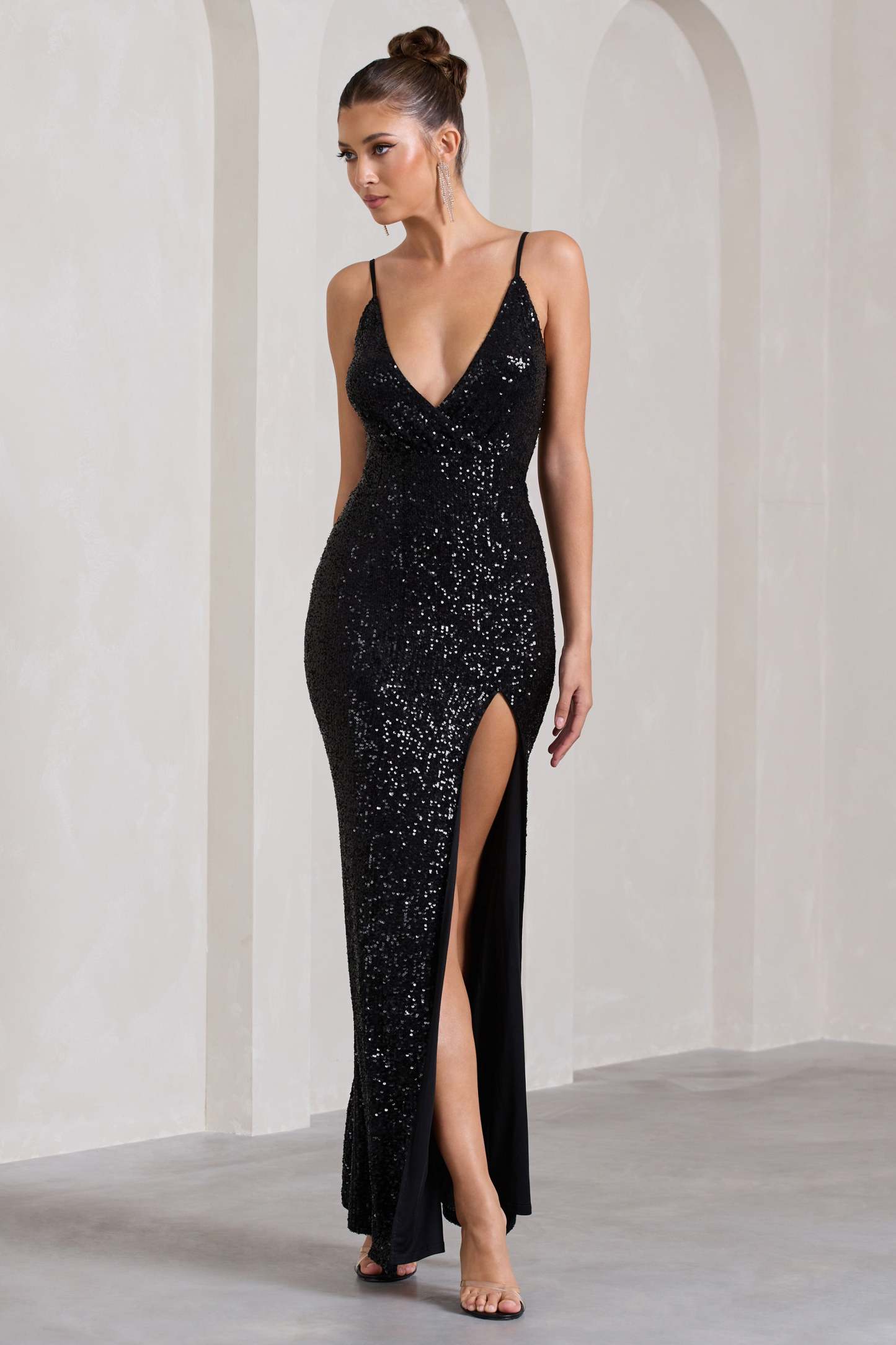 Exquisite Black Sequin Wrap Front Maxi With Side Split-Fashionmomo.All Rights Reserved