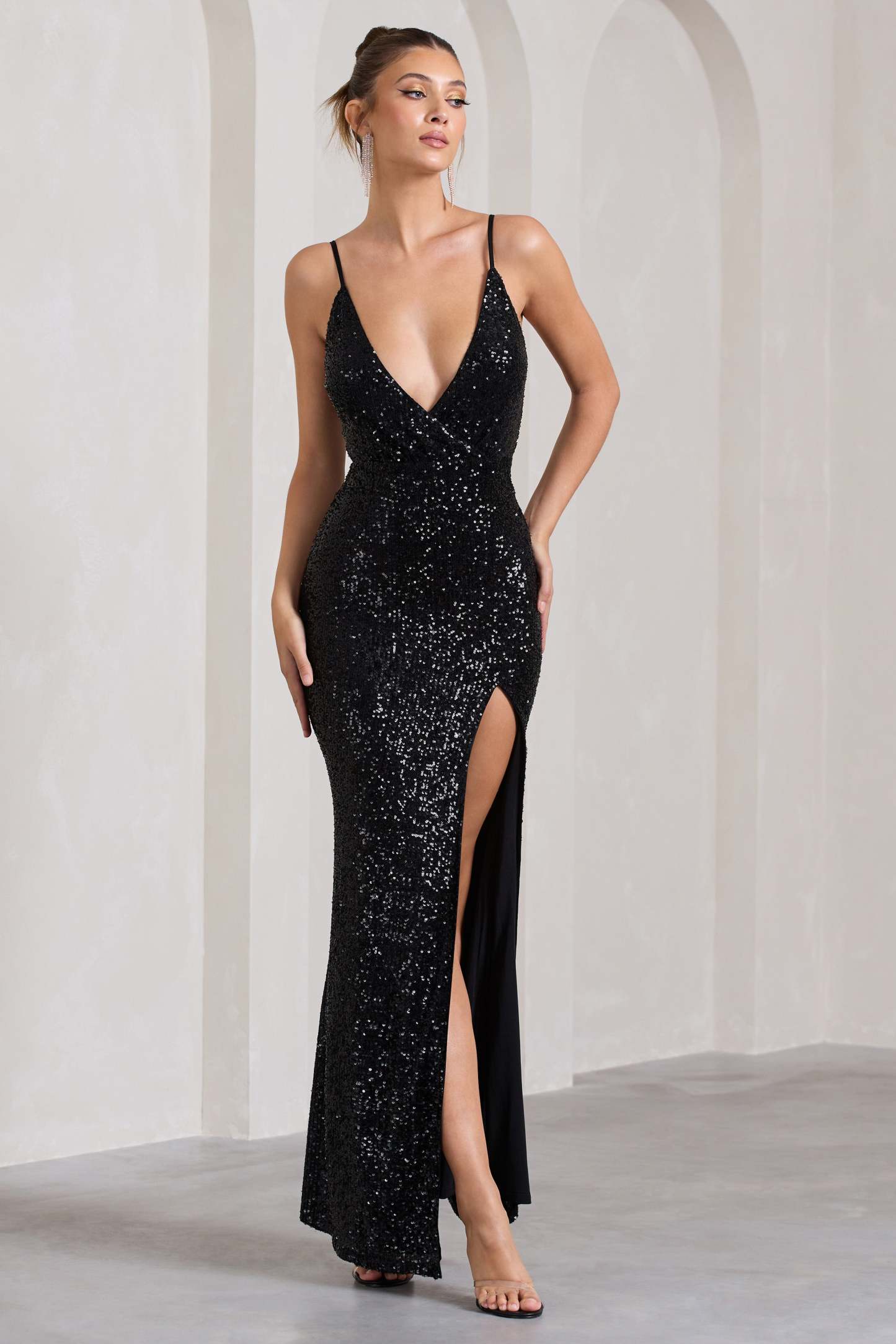 Exquisite Black Sequin Wrap Front Maxi With Side Split-Fashionmomo.All Rights Reserved
