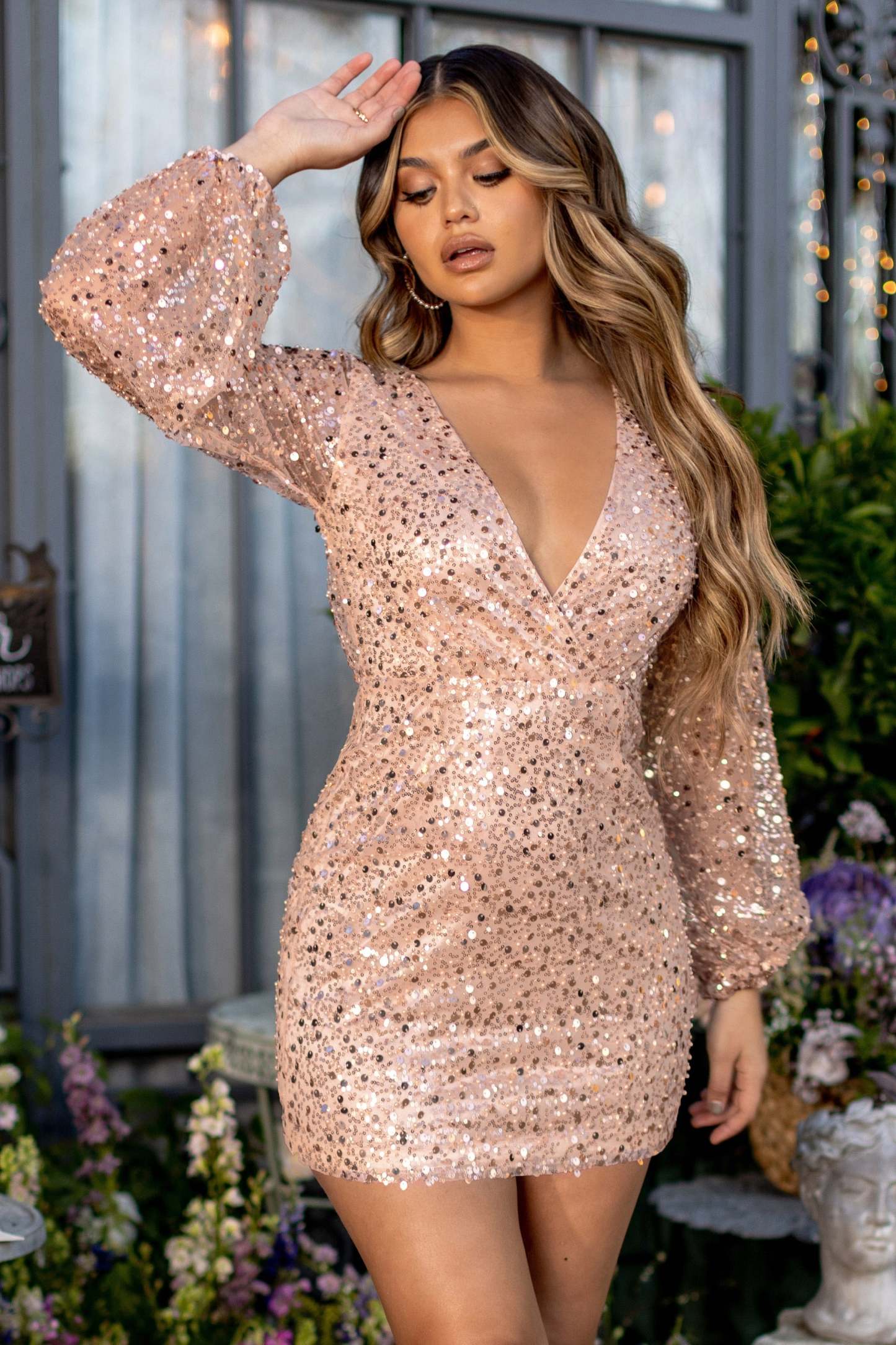 Bling Petite Rose Gold Sequin Wrap Front Mini With Blouson Sleeves-Fashionmomo.All Rights Reserved