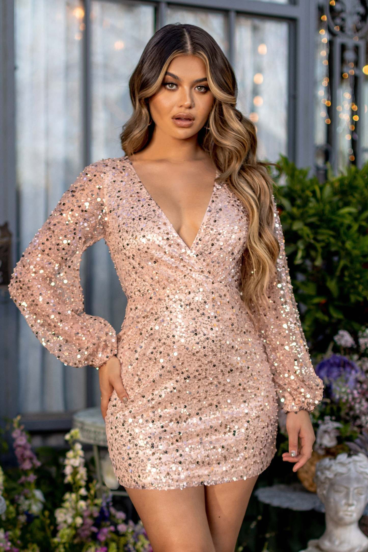 Bling Petite Rose Gold Sequin Wrap Front Mini With Blouson Sleeves-Fashionmomo.All Rights Reserved