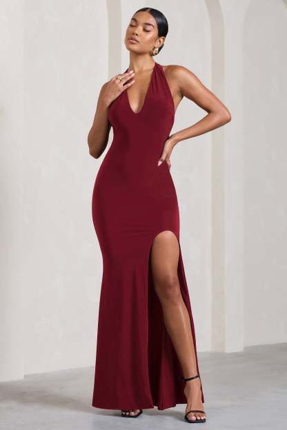 Glamour Berry Backless V Plunge Halter Neck Maxi Dress With Side Split-Fashionmomo.All Rights Reserved