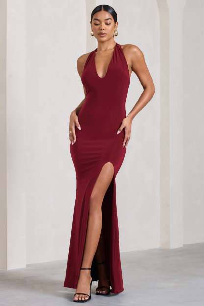 Glamour Berry Backless V Plunge Halter Neck Maxi Dress With Side Split-Fashionmomo.All Rights Reserved