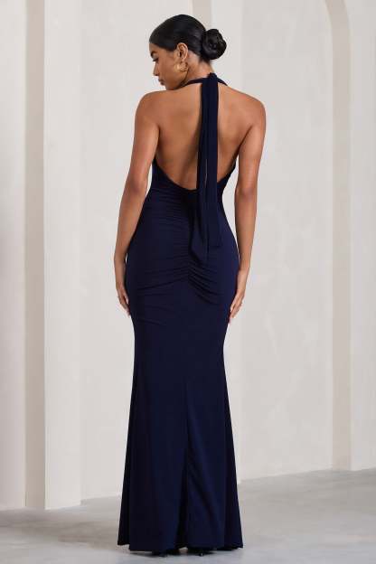 Glamour Navy Backless V Plunge Halter Neck Maxi Dress With Side Split-Fashionmomo.All Rights Reserved