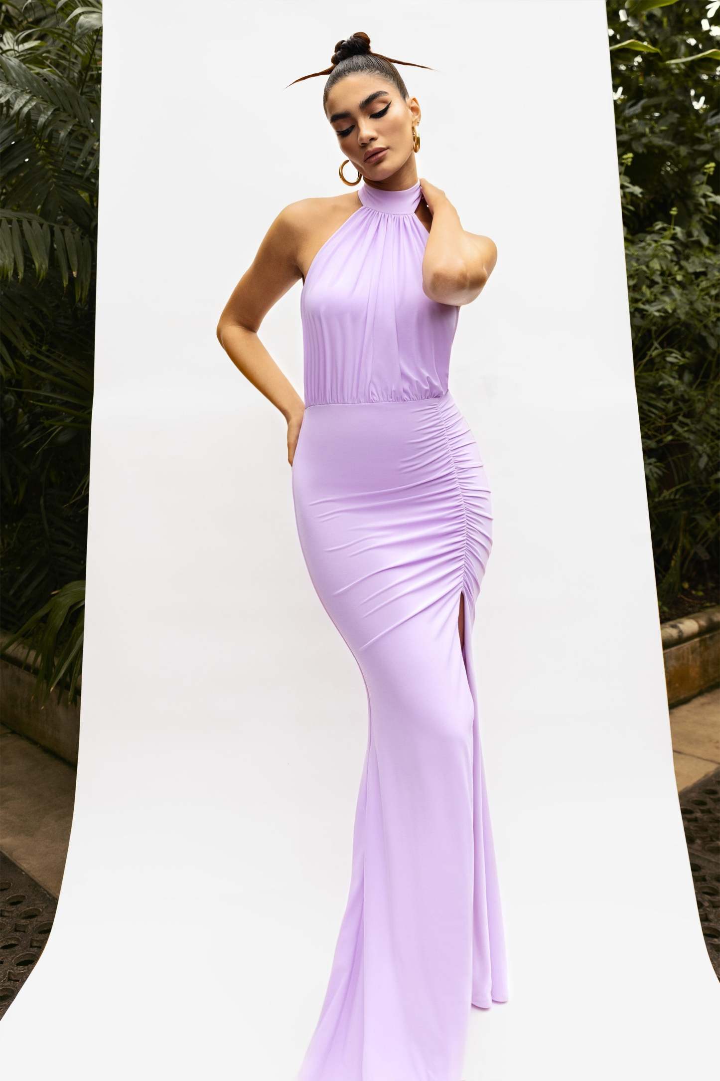 Forever Dreaming Lilac Backless Halterneck Ruched Split Maxi Dress-Fashionmomo.All Rights Reserved