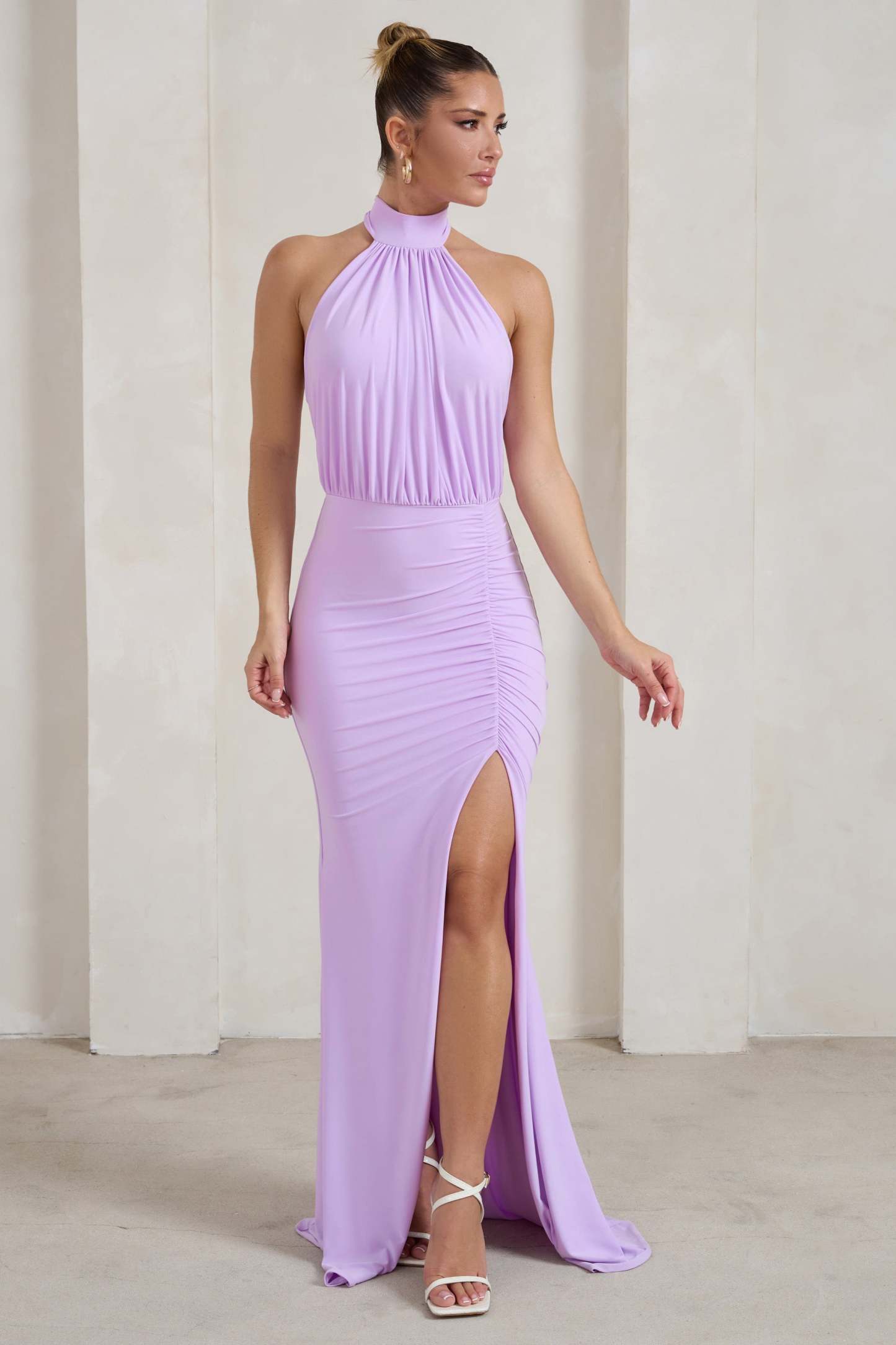 Forever Dreaming Lilac Backless Halterneck Ruched Split Maxi Dress-Fashionmomo.All Rights Reserved