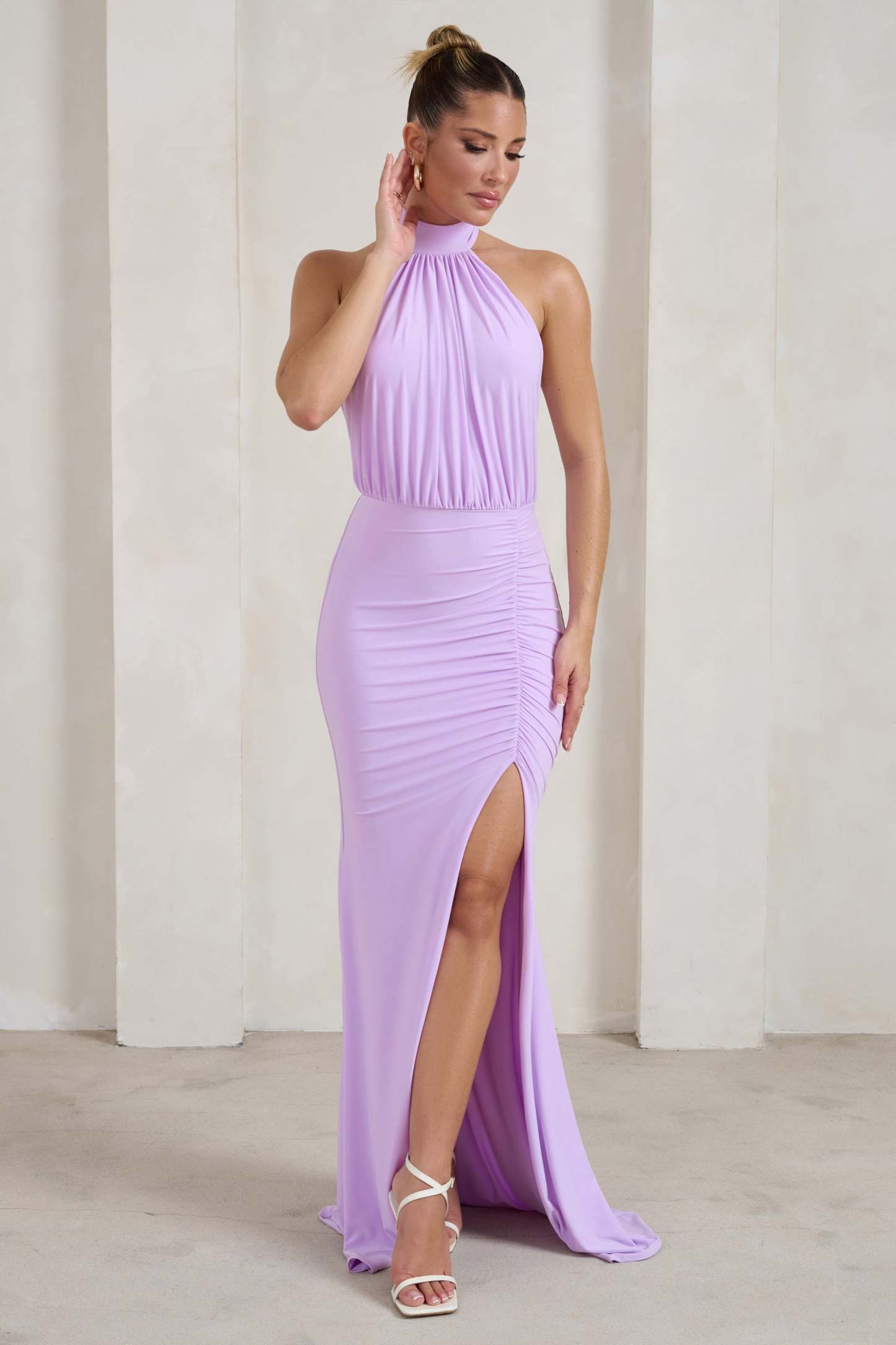 Forever Dreaming Lilac Backless Halterneck Ruched Split Maxi Dress-Fashionmomo.All Rights Reserved