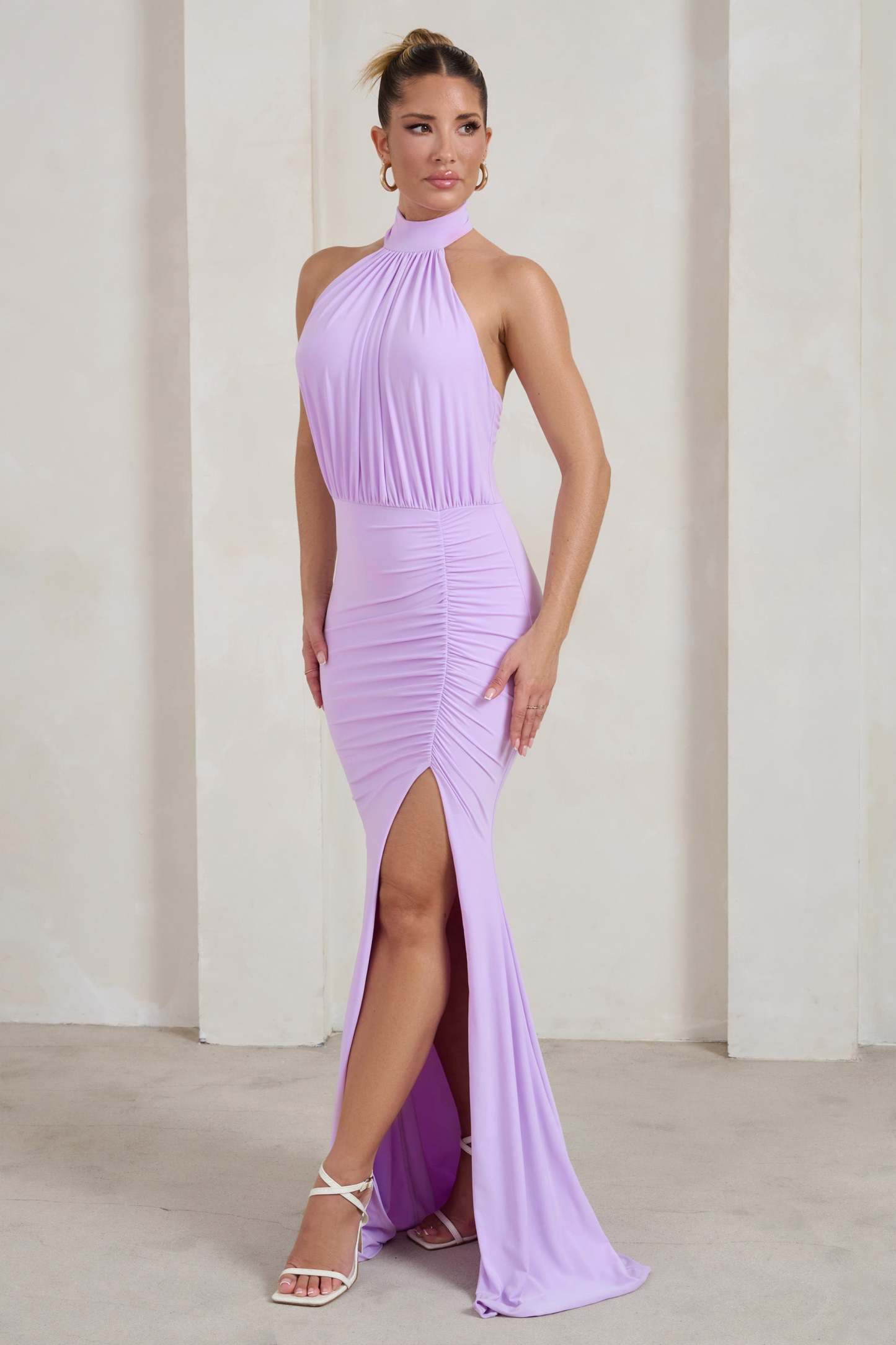 Forever Dreaming Lilac Backless Halterneck Ruched Split Maxi Dress-Fashionmomo.All Rights Reserved