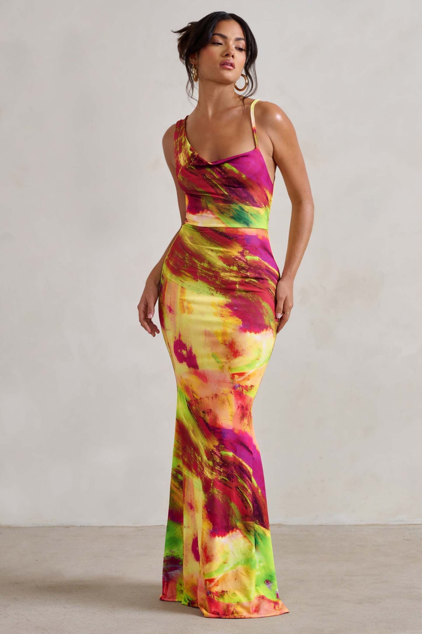 Phantasy Lime Print Asymmetric Neckline Cowl Maxi Dress-Fashionmomo.All Rights Reserved