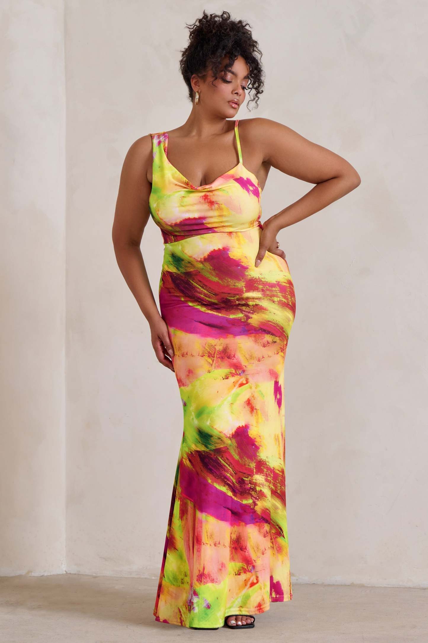 Phantasy Lime Print Asymmetric Neckline Cowl Maxi Dress-Fashionmomo.All Rights Reserved