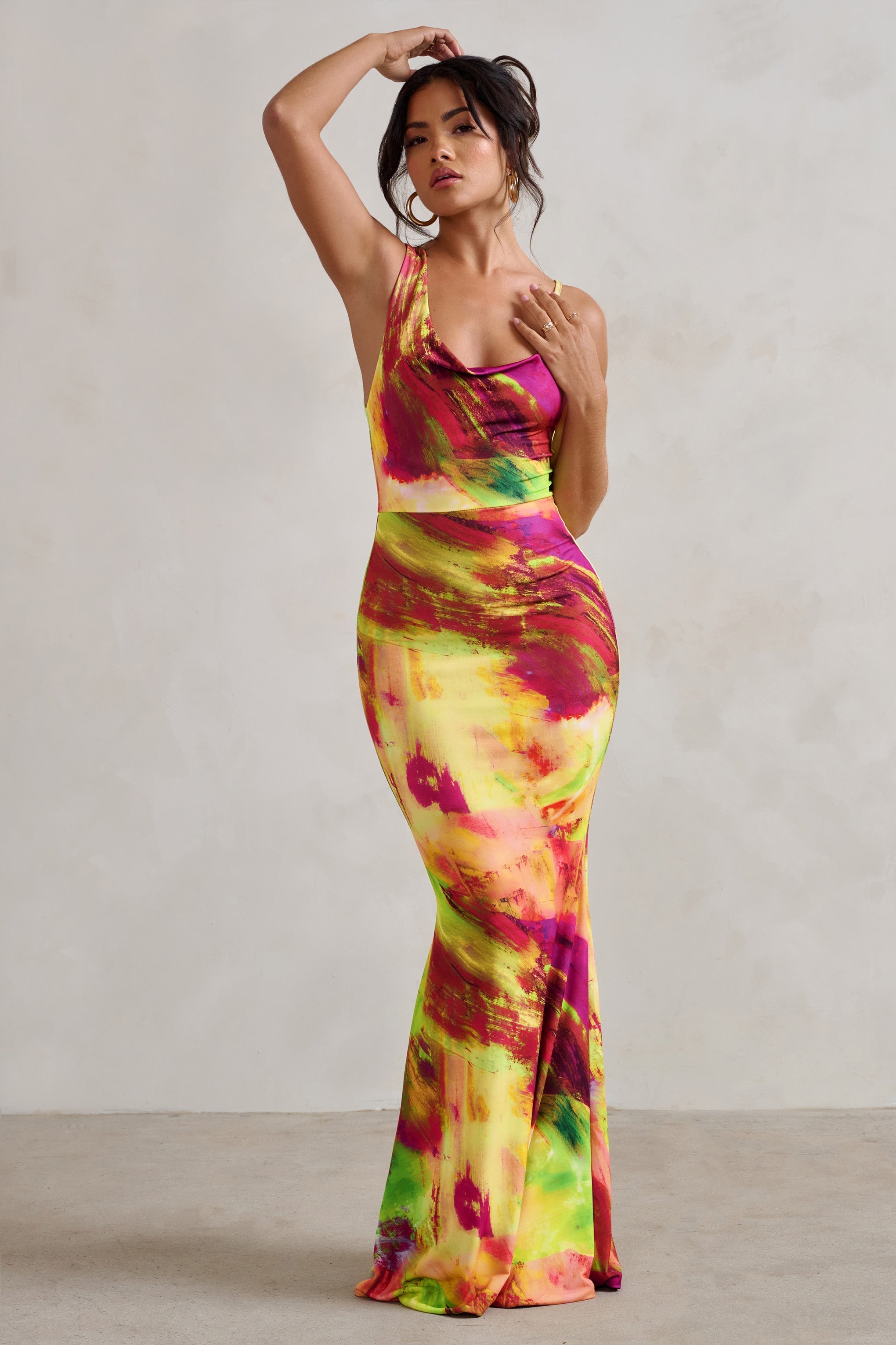 Phantasy Lime Print Asymmetric Neckline Cowl Maxi Dress-Fashionmomo.All Rights Reserved