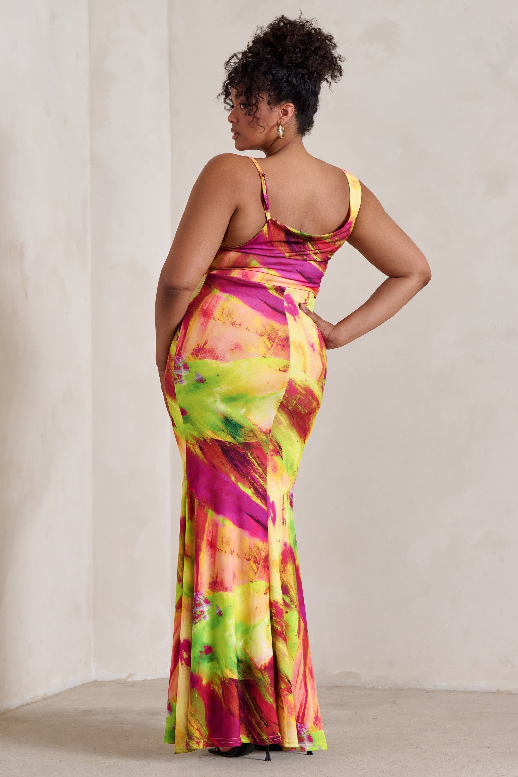 Phantasy Lime Print Asymmetric Neckline Cowl Maxi Dress-Fashionmomo.All Rights Reserved