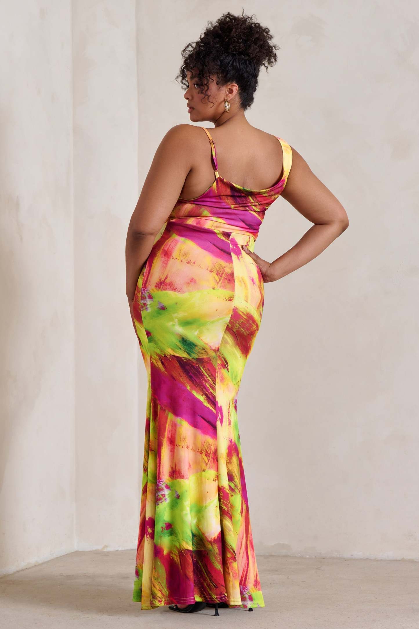 Phantasy Lime Print Asymmetric Neckline Cowl Maxi Dress-Fashionmomo.All Rights Reserved